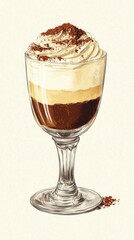 A Delectable Hand-Drawn Illustration of a Layered Coffee Drink with Whipped Cream and Chocolate