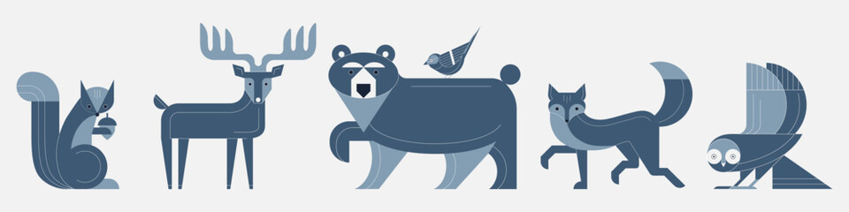 Wild Forest Animals and Geometric Birds Set © krugli