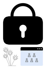 Black padlock symbolizes security, browser window with user icons conveys online access, and minimalist plants add balance. Ideal for cybersecurity, privacy, online safety, user authentication