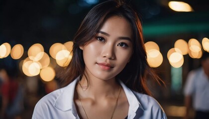 A woman from Thailand stands elegantly, her calm expression contrasting with the lively bokeh lights in the background. The warm evening atmosphere adds charm to the moment. Generative AI