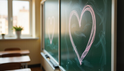 Chalk heart drawing in sunlit classroom, celebrating Valentine's Day