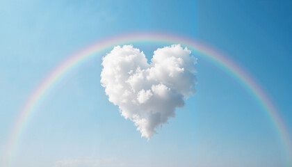 Fluffy heart-shaped cloud with rainbow in expansive blue sky, love