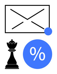 Email symbol with notification dot, a chess rook piece, and a percentage icon. Ideal for business strategy, communication, finance, marketing, productivity analysis planning. Abstract line flat