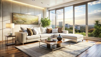 Fototapeta premium Modern sectional sofa with large windows overlooking green trees and a cityscape in the distance, stylish living room decor with wooden floor and rug