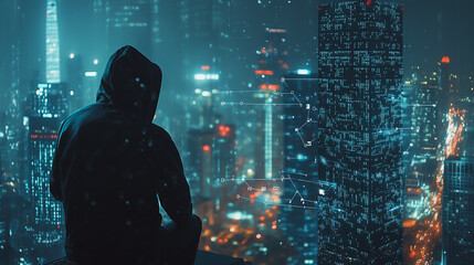 Hacker are planning to hack and attack networks and cyber security systems. Smart Innovation city with connection future wireless digital city and social media networking over the cityscape.
