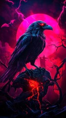 Fototapeta premium Crows, raven on a pink neon background. Postcard, cartoon with bird