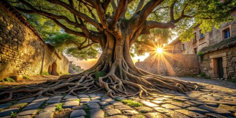 A majestic tree with sprawling roots embraces a cobblestone path, its canopy reaching towards a glowing sunrise, casting a golden glow across the ancient stone walls