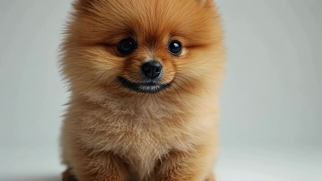 Cute fluffy pomeranian puppy sitting against a light background, showcasing its adorable features and playful nature