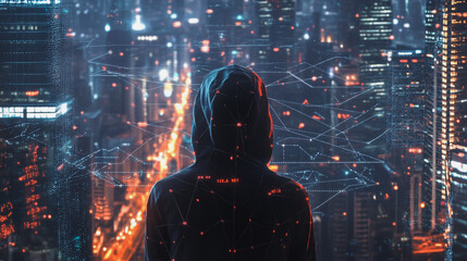 Hacker are planning to hack and attack networks and cyber security systems. Smart Innovation city with connection future wireless digital city and social media networking over the cityscape.