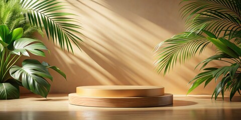 Fototapeta premium Two-Tiered Wooden Podium with Golden Accents Framed by Lush Greenery and Sunlight Streaming Through a Window