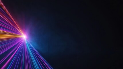 Colorful laser beams radiating from a central point in darkness.
