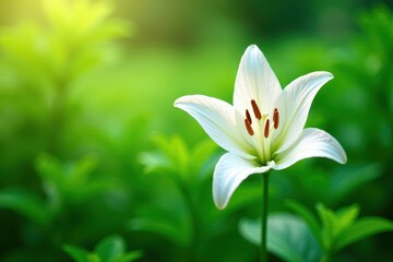 Obraz premium Elegant white lily blossom against vibrant green foliage, botanical, petal, leaf