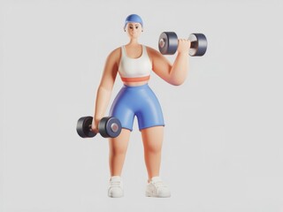 Fototapeta premium 3D Female Athlete Lifting Dumbbells in Sportswear on Light Gray Background
