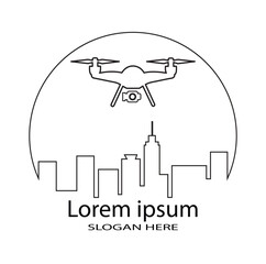 Drone logo. Drone icon, drone quadcopter with action camera, Photo and video drones icon, UAV shop logo, poster. Vector illustration.