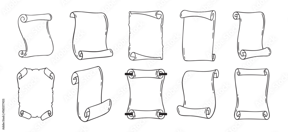 Aufkleber ancient empty scroll doodle hand drawn, ancient medieval paper outline icon set. outline vector pape