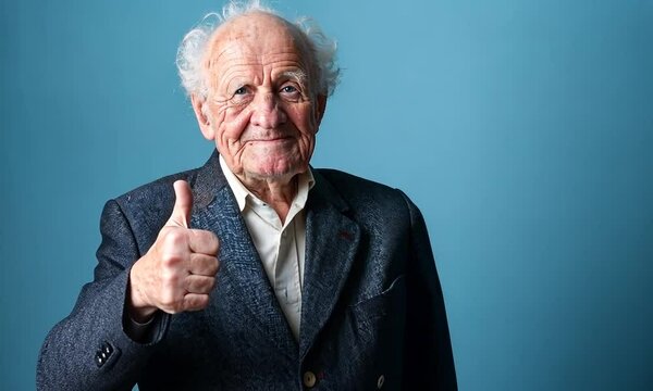 Homme &acirc;g&eacute; souriant avec pouce lev&eacute; sur fond bleu