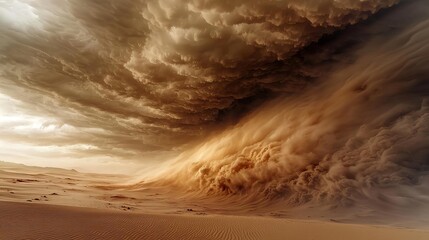 Sandstorm desert motion concept. Dramatic sandstorm engulfing a desert landscape under ominous clouds.
