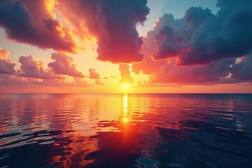 Obraz premium Fiery sunrise reflects on calm sea, creating a breathtaking spectacle , shore, orange, sun reflection