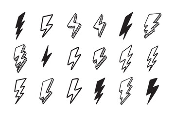 Hand drawn vector doodle electric lightning bolt set. Lightning symbol sketch symbol doodle icon.