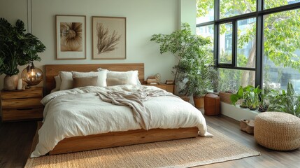 Elegant modern bedroom design with layered textures and organic cotton urban apartment interior natural light cozy atmosphere