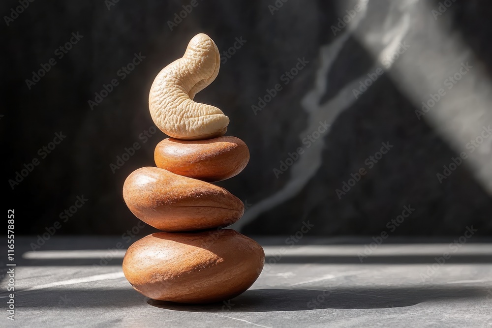 Poster beautifully stacked nuts in pyramid shape illuminated by harsh sunlight against a textured black sla
