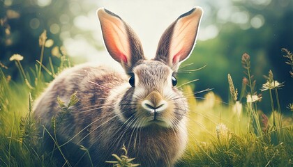 Obraz premium Królik na łące. Wielkanocne lub wiosenne tło