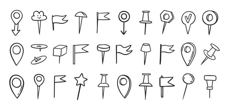 Pins hand drawn doodle set. Pin line drawing style for planner or map. Pins variable icons
