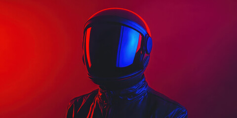 Naklejka premium Futuristic astronaut helmet glow in vibrant red and blue lighting