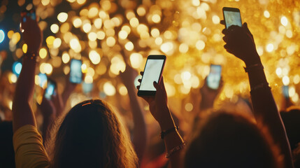 Concert crowd capturing vibrant moments with smartphones in festive atmosphere
