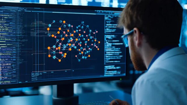 Scientist conducting data analysis and visualization on computer, exploring intricate connections within complex network of nodes and showcasing advanced technology in research.