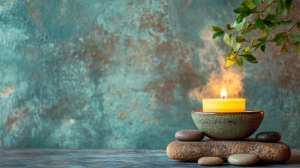 Tranquility, A serene spa setting featuring a glowing candle, perfect for relaxation and wellness themes in lifestyle and wellness imagery.