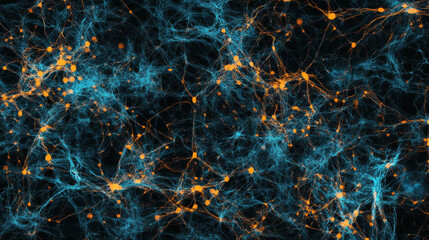 Digital neural network with glowing connections and abstract blue web pattern