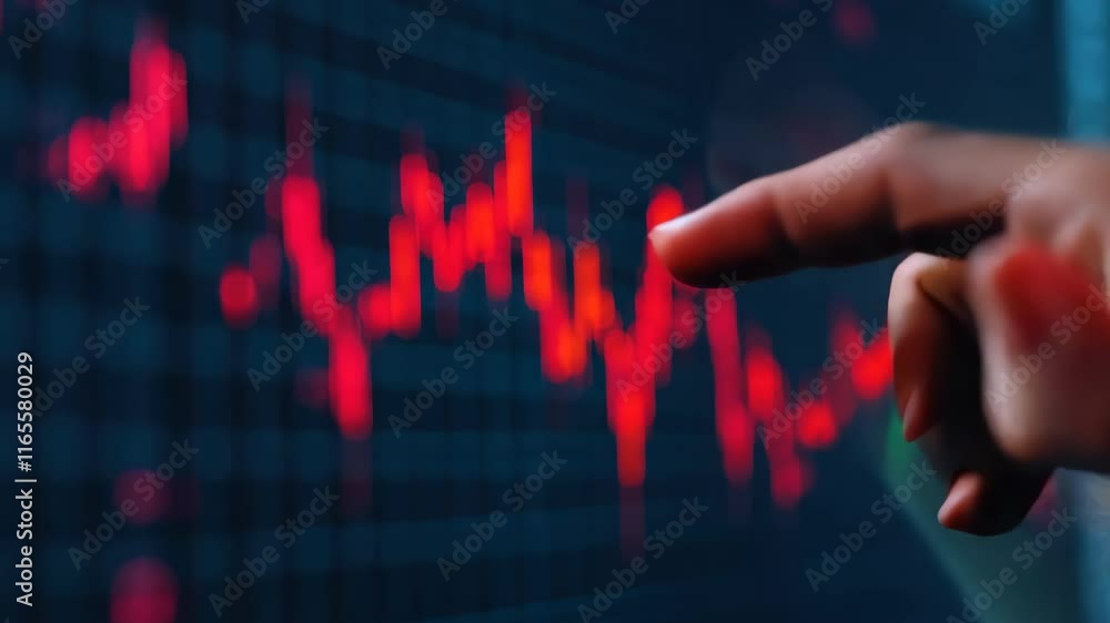 Poster finger pointing at digital stock market graph analyzing red fluctuations in financial data and inves