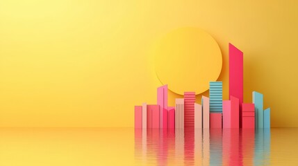 Fototapeta premium Vibrant geometric cityscape with pastel colors and sun against a bright yellow background
