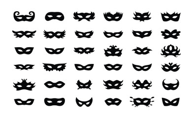 Carnival masks silhouettes icon set. Simple black icons masquerade mask, for party, parad, carnival, Halloween. Mask elements isolated sign, symbol