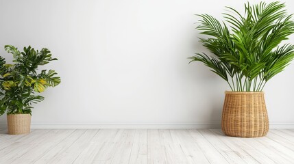 Lush Green Indoor Plants in Stylish Woven Baskets Against Bright White Wall
