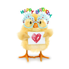 Crazy cute chick with happy birthday celebration glasses and red heart of love drawing on card isolated on white background
