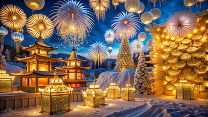 Fototapeta premium magical winter festival with glowing lanterns, pagodas, and snowy decorations