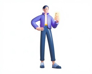 3D Character Checking a Phone While Standing Confidently on a Light Background
