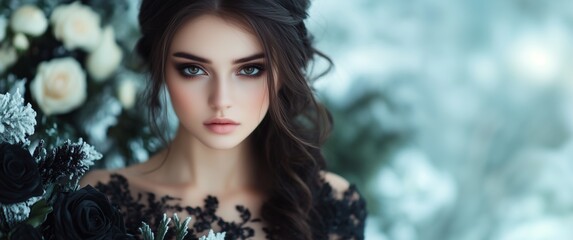 A stunning woman stands gracefully, holding vibrant flowers as the sun sets behind her. The elegant attire highlights her beauty, creating a serene atmosphere in the background.