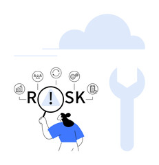Woman examines risk with magnifying glass, surrounded by related icons. Ideal for business, data analysis, risk assessment, strategy, team planning, operations, abstract line flat metaphor