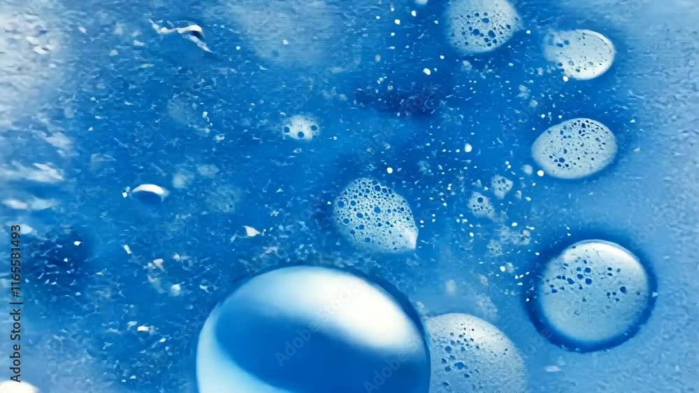 Poster close-up view of water droplets and bubbles on a blue surface creating an abstract visual effect