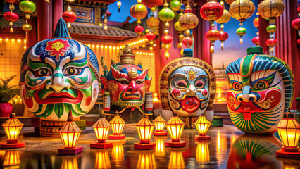 Colorful traditional masks and lanterns in vibrant temple setting at night