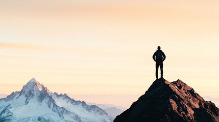 A lone hiker stands on a mountain peak, silhouetted against a colorful sky, embodying adventure and exploration in a breathtaking landscape.