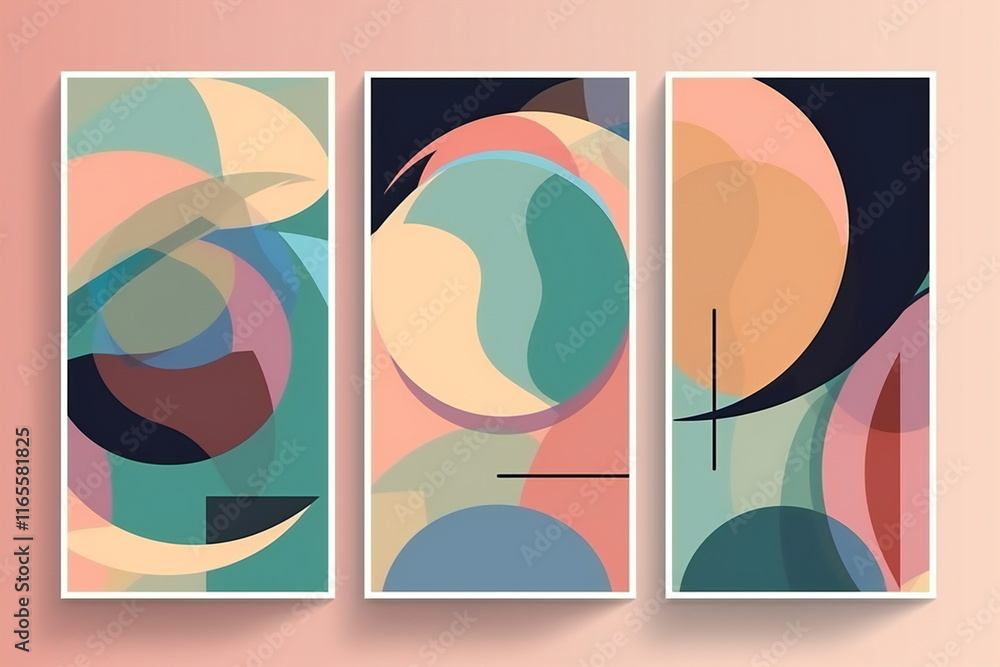 Poster colorful abstract artwork featuring circular shapes and soft curves in a triptych display