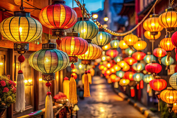 Naklejka premium Colorful lanterns illuminate vibrant street during festive evening celebration