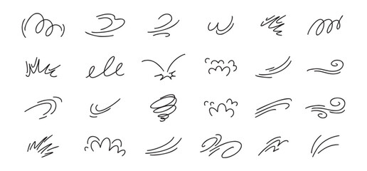 Doodle line wind moving set. Breath of the typhoon. Flat wind moves Vector isolated illustration