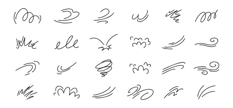 Doodle line wind moving set. Breath of the typhoon. Flat wind moves Vector isolated illustration