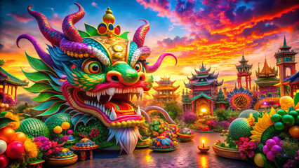 Fototapeta premium vibrant dragon lantern at colorful festival with ornate temples and vivid skies