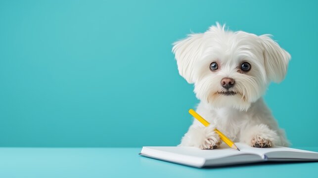 A fluffy white maltese dog sits at a vibrant blue table, holding a yellow pen in its hand next to an open notebook. The playful pup looks curiously at the viewer.